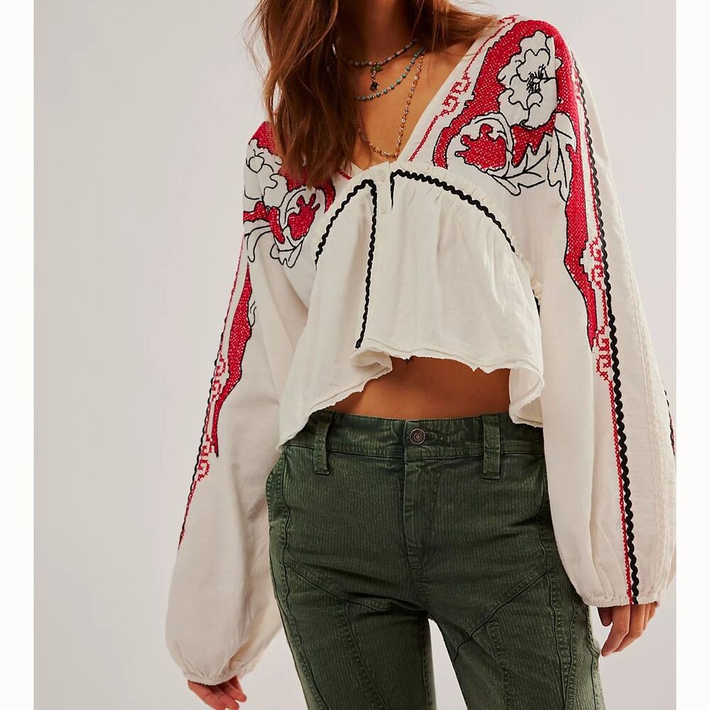 Free People Bonnie Floral Embroidered Blouse Top Balloon Sleeve V-Neck XL 292044